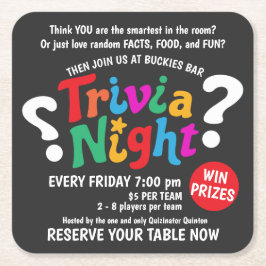 Posavasos Cuadrado De Papel Noche de trivia noche de juego promocional colorid