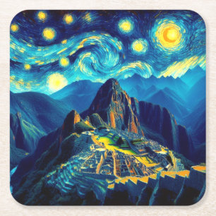 Posavasos Cuadrado De Papel Noche estrellada Machu Picchu Perú