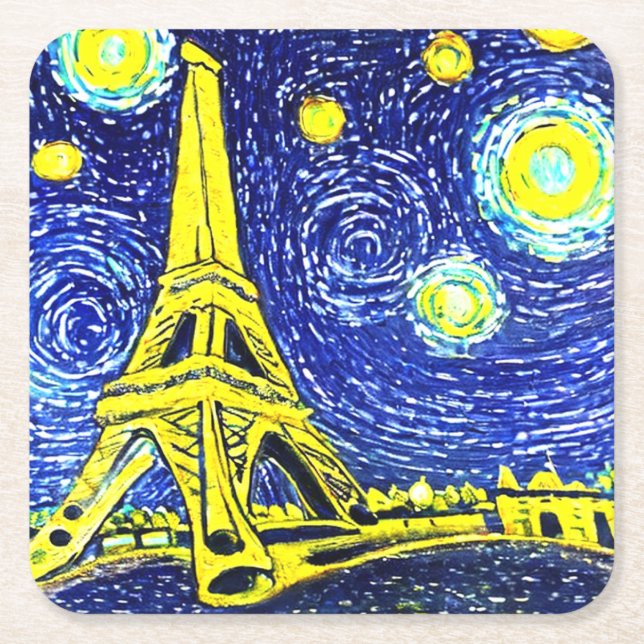 Posavasos Cuadrado De Papel Noche estrellada París Francia (Anverso)