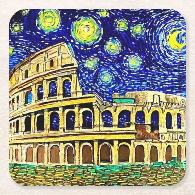 Posavasos Cuadrado De Papel Noche estrellada Roma Italia (Anverso)