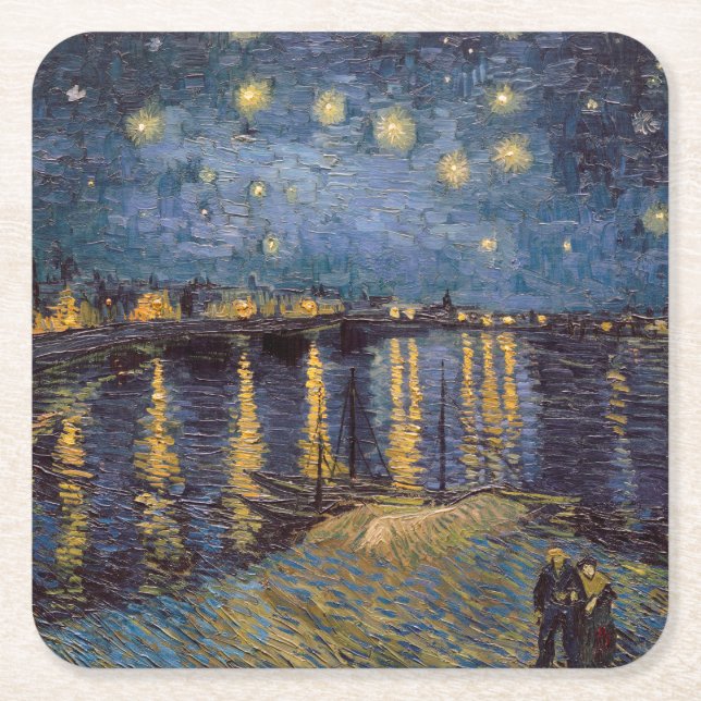 Posavasos Cuadrado De Papel Noche estrellada sobre el río Ródano por Vincent V (Anverso)