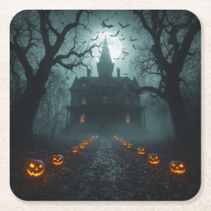 Posavasos Cuadrado De Papel Noche fantasmal con Jack-o'-Lanterns
