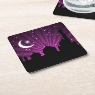 Posavasos Cuadrado De Papel Noche morada de la silueta de la mezquita - Pascua