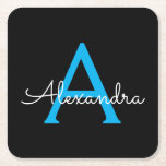 Posavasos Cuadrado De Papel Nombra de monograma de guión azul negro<br><div class="desc">Máscaras de papel monograma con escritura simple negra y azul. Esto hace que la graduación perfecta,  el cumpleaños,  el boda,  la ducha de novia,  el aniversario,  la ducha de bebé o la fiesta de soltera sea un regalo para alguien que ama el lujo glam y los estilos de moda.</div>