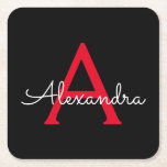 Posavasos Cuadrado De Papel Nombra de monograma de guión negro rojo<br><div class="desc">Máscaras de papel de monograma con escritura simple negra y roja. Esto hace que la graduación perfecta, el cumpleaños, el boda, la ducha de novia, el aniversario, la ducha de bebé o la fiesta de soltera sea un regalo para alguien que ama el lujo glam y los estilos de moda....</div>