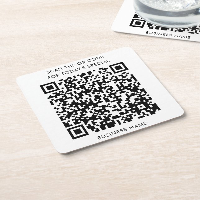 Posavasos Cuadrado De Papel Nombre comercial y menú Código QR (En perspectiva)