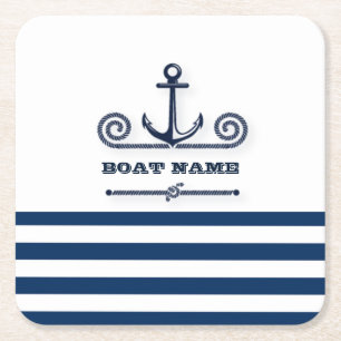Posavasos Cuadrado De Papel Nombre de Barco Náutico, Ancla, Cuerda, Rayas Azul