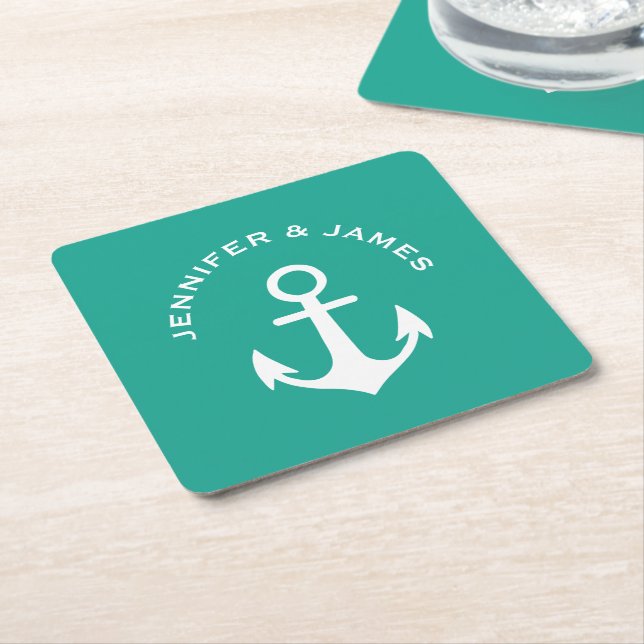 Posavasos Cuadrado De Papel Nombre de encargo A24 del diseño náutico verde (En perspectiva)