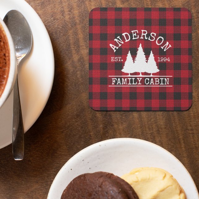 Posavasos Cuadrado De Papel Nombre de familia de la cabina Red Buffalo Tapado (Customize to change text size or text style.)