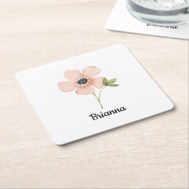 Posavasos Cuadrado De Papel Nombre de Flor de Acuarela Rosada