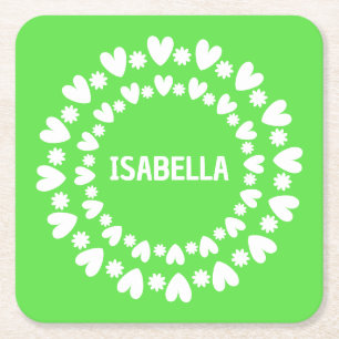 Posavasos Cuadrado De Papel Nombre De Flores Y Corazones