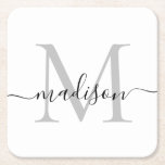 Posavasos Cuadrado De Papel Nombre de guión de monograma gris personalizado mo<br><div class="desc">Elegante Moderno Personalizado Plata Gris Negro Monograma Nombre de la escayola de papel inicial</div>