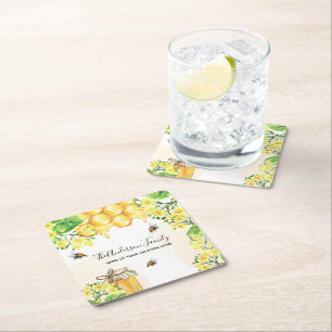 Posavasos Cuadrado De Papel Nombre de la familia Bee honeycomb amarillo florin