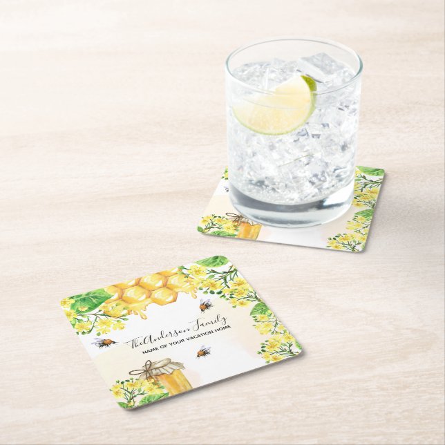 Posavasos Cuadrado De Papel Nombre de la familia Bee honeycomb amarillo florin (In situ)