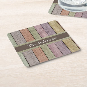 Posavasos Cuadrado De Papel Nombre de la familia moderna Rustic Wood Plank
