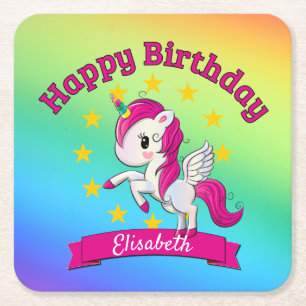 Posavasos Cuadrado De Papel Nombre de niño pequeño y colorido de unicornio