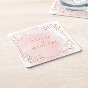 Posavasos Cuadrado De Papel Nombre de parejas florecientes de oro elegante de 