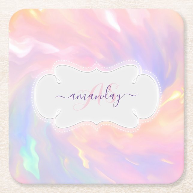 Posavasos Cuadrado De Papel Nombre de Princesa Monograma Unicornio Quinceañera (Anverso)