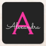 Posavasos Cuadrado De Papel Nombre del Monograma de Giro del Guión Negro Calie<br><div class="desc">Máster de papel con nombres de monograma de escritura simple negro y rosa caliente. Esto hace que la graduación perfecta, el cumpleaños, el boda, la ducha de novia, el aniversario, la ducha de bebé o la fiesta de soltera sea un regalo para alguien que ama el lujo glam y los...</div>