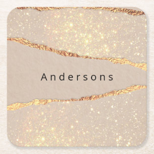 Posavasos Cuadrado De Papel Nombre dorado beige moderno