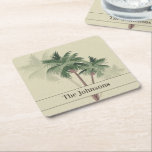 Posavasos Cuadrado De Papel Nombre familiar en palmeras antiguas<br><div class="desc">Las tiras cutáneas presentan el nombre de su familia en un fondo de palmeras vintage en cualquier forma absorbente de papel pesado de la tableta de papel medida de 4" x 4" - Conjunto de 6. Acento Guay en su decoración, bar o regalo como regalo. ¡Un regalo divertido para el...</div>