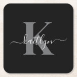 Posavasos Cuadrado De Papel Nombre inicial gris negro monogramado<br><div class="desc">Estos elegantes y sencillos empaques de papel cuadrado negro con tu nombre en un tipo de letra de guión a la moda en blanco tecleado sobre tu primera línea en un moderno tipo de letra de tapón en gris son perfectos para mantener tus mesas y mostradores libres de anillos de...</div>