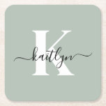 Posavasos Cuadrado De Papel Nombre inicial verde sabio monogramado<br><div class="desc">Estos elegantes y sencillos embutidos de papel cuadrado verde sabio con tu primer nombre en una letra de guión a la moda en negro y tu primera inicial en un moderno tipo de letra en blanco son perfectos para mantener tus mesas y mostradores libres de anillos de agua. Absorben gotitas...</div>