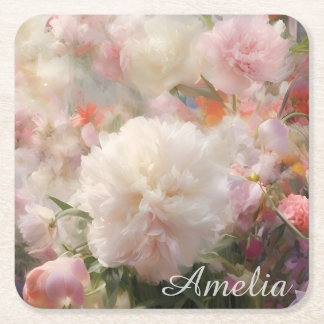 Posavasos Cuadrado De Papel Nombre Peonías Rosadas y Blancas Pintura Acuarela