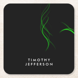 Posavasos Cuadrado De Papel Nombre personalizado Curvas verdes negras elegante