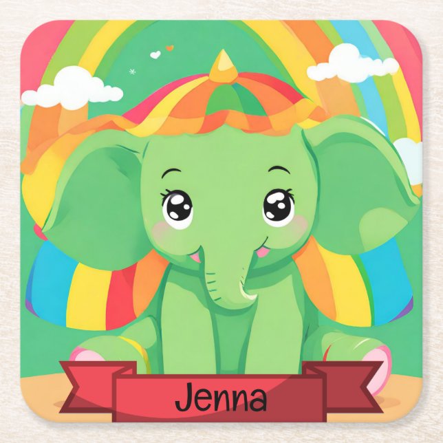Posavasos Cuadrado De Papel Nombre personalizado de elefante verde lindo (Anverso)