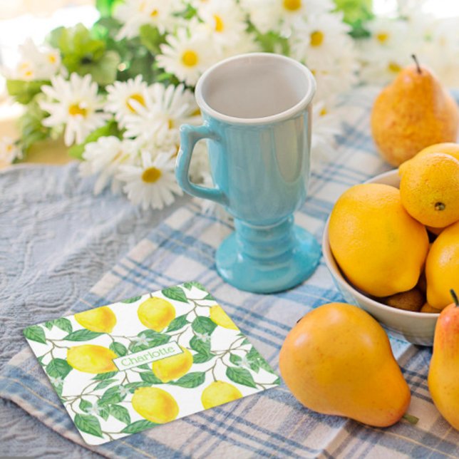 Posavasos Cuadrado De Papel Nombre personalizado del patrón limón amarillo (Subido por el creador)