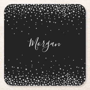 Posavasos Cuadrado De Papel Nombre personalizado en escritura blanca y diamant