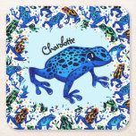 Posavasos Cuadrado De Papel Nombre personalizado: esparadrapo de papel para ra<br><div class="desc">Completa tu fiesta con temas de rana o selva tropical con estos recubrimientos decorativos de papel. El diseño presenta un patrón de varias ranas de dardo venenosas azules,  verdes y naranjas con una rana azul destacada y su personalizable de tener el nombre de una persona de cumpleaños en ella</div>