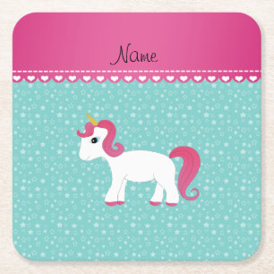 Posavasos Cuadrado De Papel Nombre personalizado estrellas turquesa de unicorn