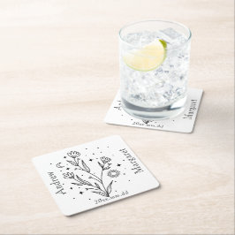 Posavasos Cuadrado De Papel Nombre personalizado Floral Blanco y Negro
