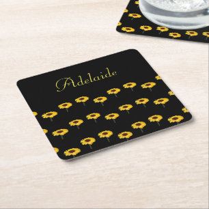 Posavasos Cuadrado De Papel Nombre personalizado girasoles amarillos en negro
