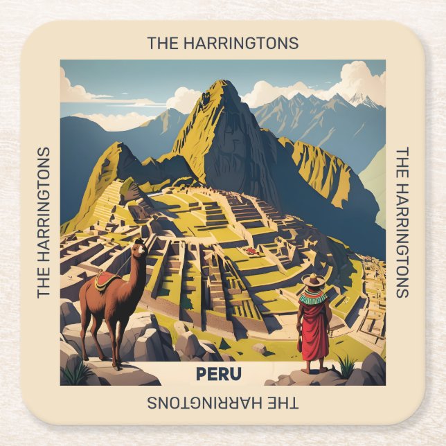 Posavasos Cuadrado De Papel Nombre personalizado Perú Machu Picchu (Anverso)
