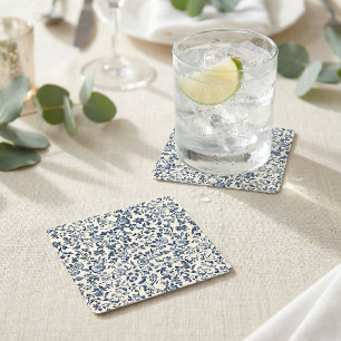 Posavasos Cuadrado De Papel Nombres de boda florales vintage en azul marino el