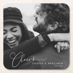 Posavasos Cuadrado De Papel Nombres de guión de foto elegante Cheers Boda mode