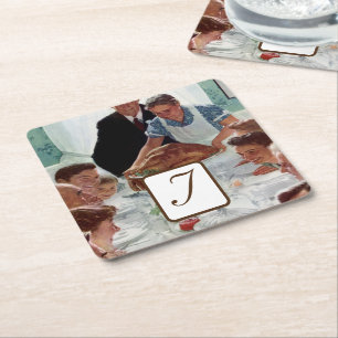Posavasos Cuadrado De Papel Norman Rockwell Monogramado Acción de Gracias