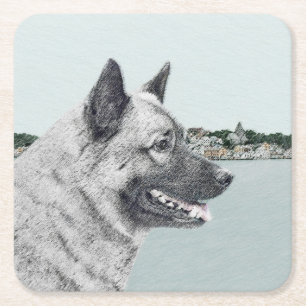 Posavasos Cuadrado De Papel Norwegian Elkhound en Village Painting - Arte Cani