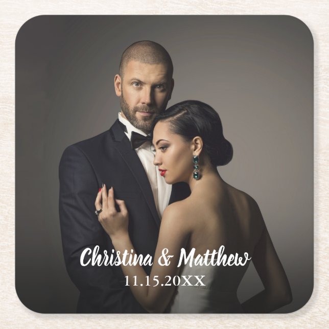 Posavasos Cuadrado De Papel Novia casera y foto de Groom (Anverso)