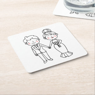 Posavasos Cuadrado De Papel Novia Novio de Dibujos Animados Gracias Boda Capri
