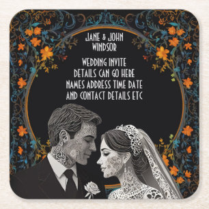 Posavasos Cuadrado De Papel Novia y Novio clásico delicado 