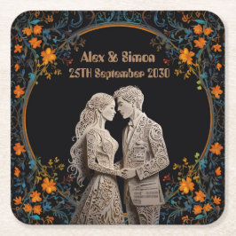 Posavasos Cuadrado De Papel Novia y Novio Clásico Real