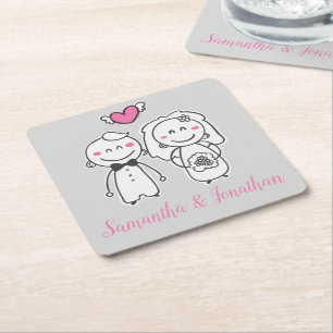 Posavasos Cuadrado De Papel Novia y Novio Dibujados de Dibujos Animados Rosa y