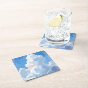Posavasos Cuadrado De Papel Nubes Blancas Cielo Azul Hermoso Acuarela