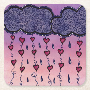 Posavasos Cuadrado De Papel Nubes, corazones y gotas de lluvia