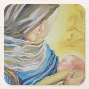 Posavasos Cuadrado De Papel Nuestra Señora del Silencio agarrando al bebé Jesú