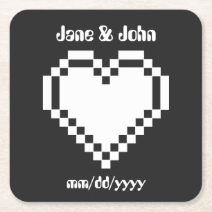 Posavasos Cuadrado De Papel Nuestros Corazones de 8 Bits en Negro Soporte de P